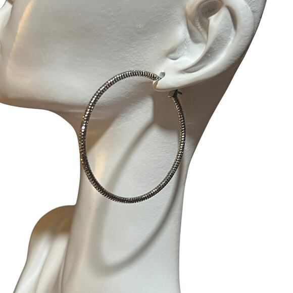Vintage Silver-Tone Large Hoop Earrings – Textured Pierced Hoops - Picture 1 of 10